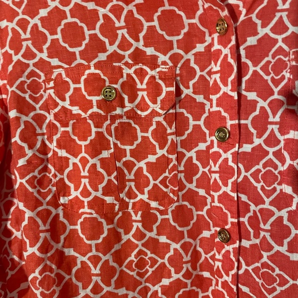 Charter Club 100% LINEN Button Down Shirt Long Roll Tab Sleeve Orange & White - Picture 4 of 4